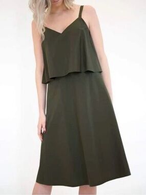 Lafayette 148 Tiered Overlay Dill Olive Green Riri Popover Flare Dress Size XL